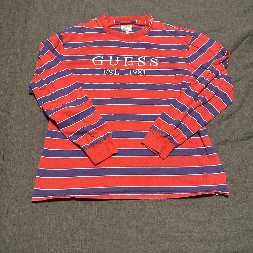 Guess Red and Purple Striped Long Sleeve Shirt